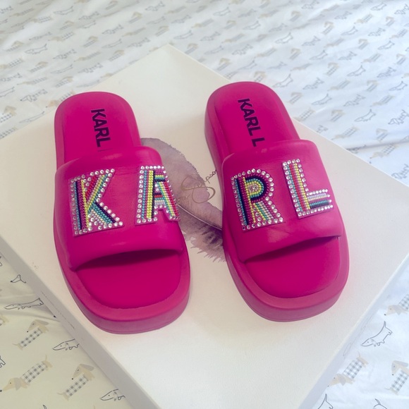 Karl Lagerfeld Shocking Pink Platform Slides - Picture 1 of 5